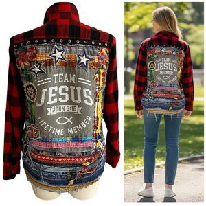 Upcycled Flannel Jacket Shacket Womens L Christian Faith Embroidered OOAK